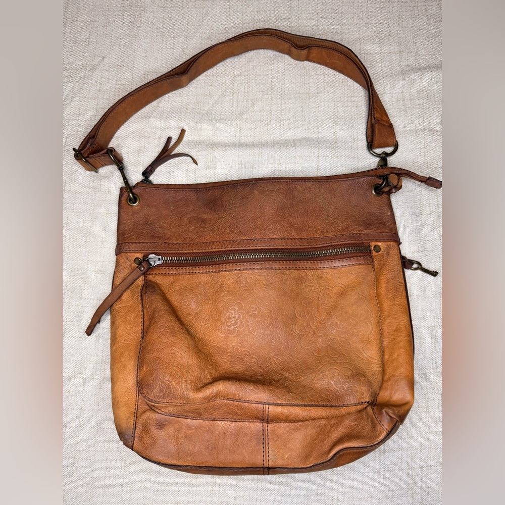 Fossil Vintage Classic Floral-Embossed Brown Leather Saddle Bag